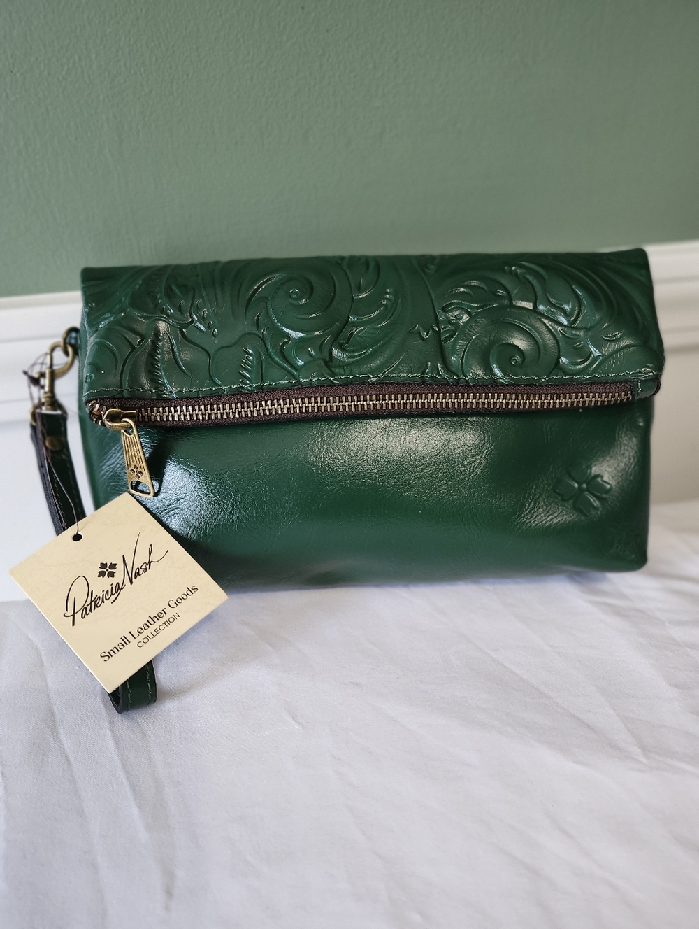 Patricia Nash Emerald Green Embossed Leather Fold-Over Wristlet